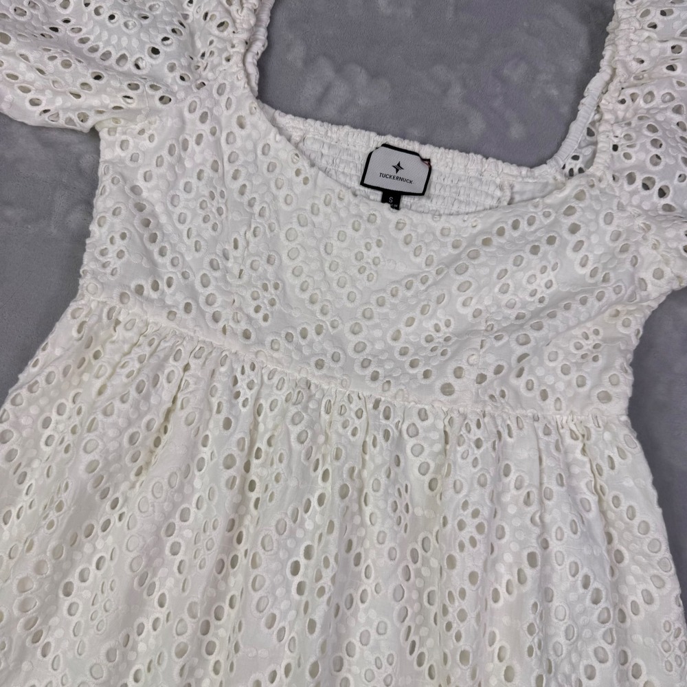 Tuckernuck White Cotton Eyelet Puff Sleeve Smocked Mini Dress Size S Y2229HT